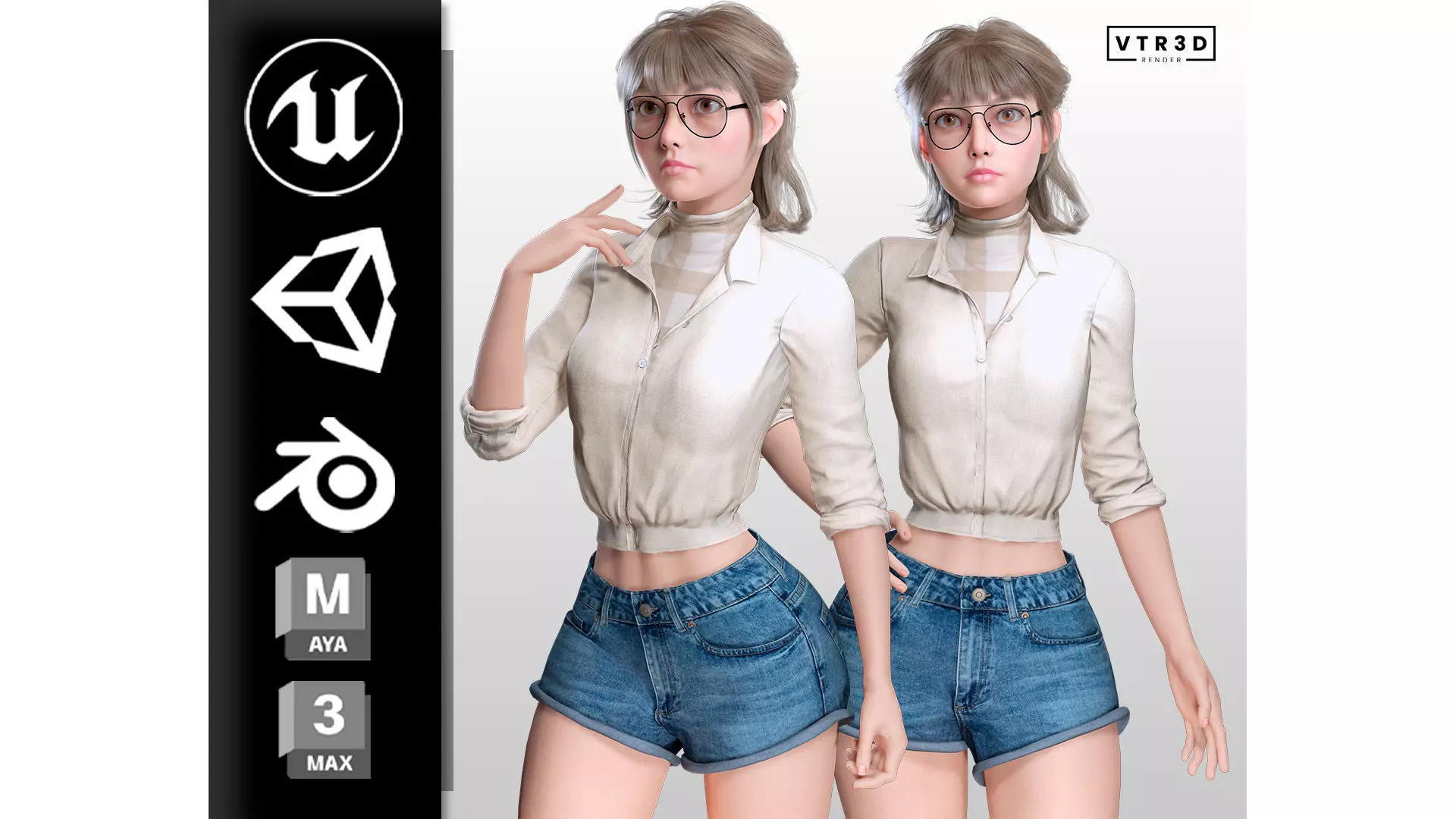 Stylized Female Character Cartoon with Glasses Low-poly 3D model_0