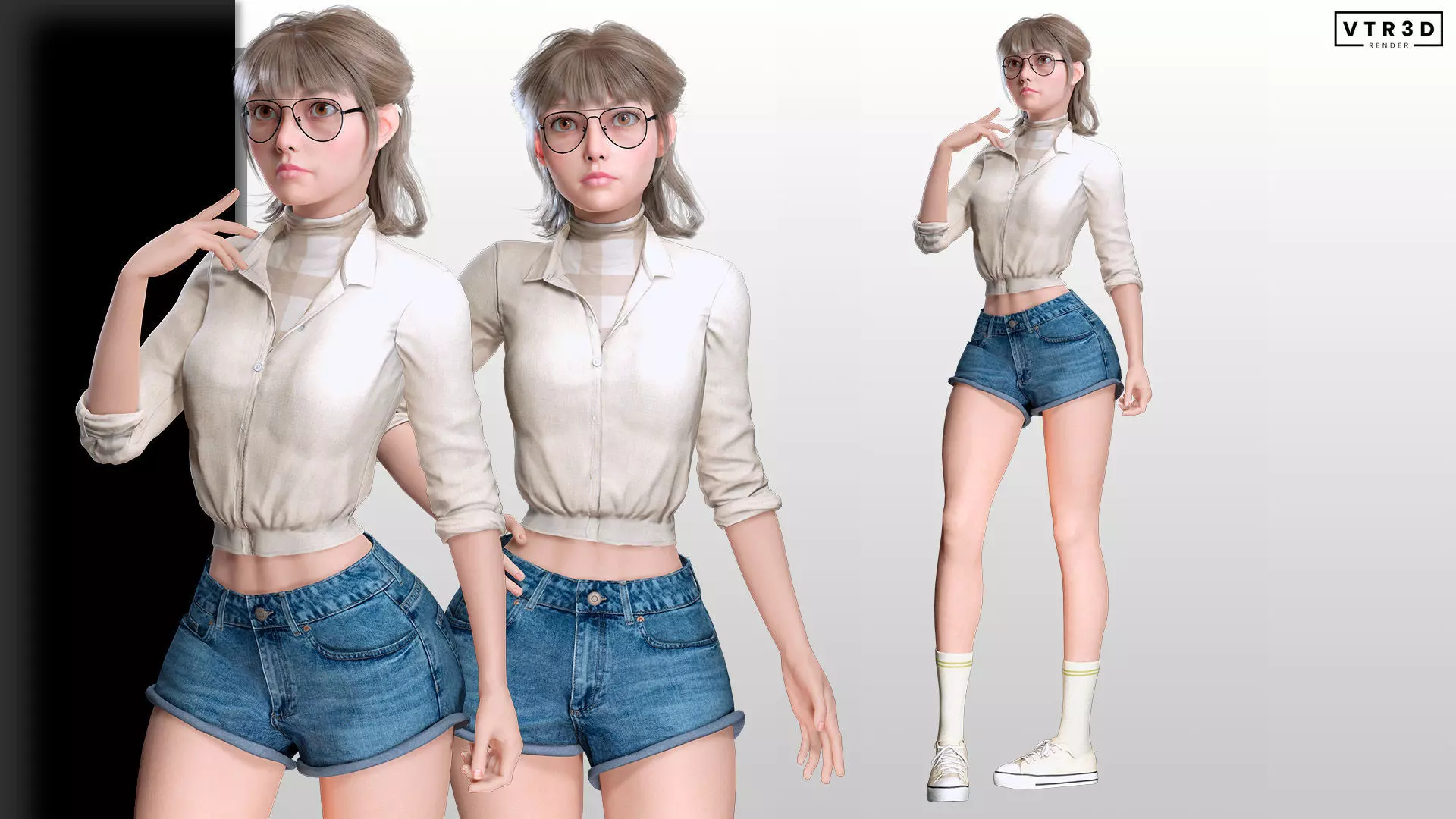 Stylized Female Character Cartoon with Glasses Low-poly 3D model_2