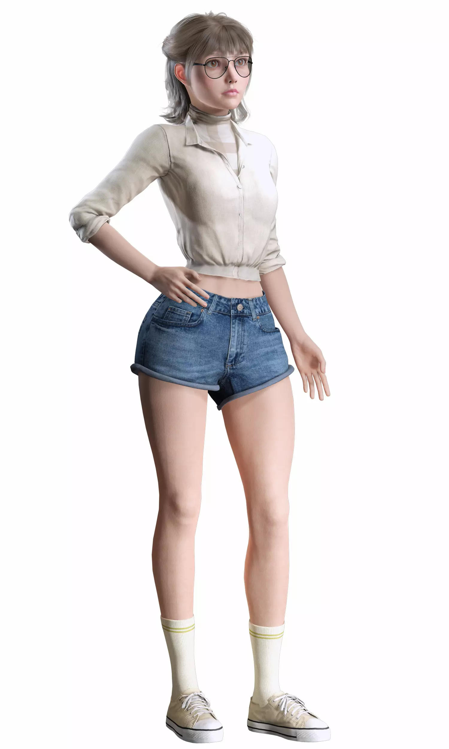 Stylized Female Character Cartoon with Glasses Low-poly 3D model_17