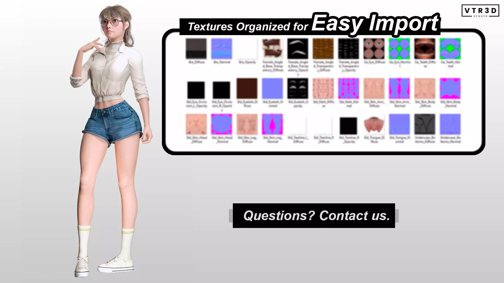 Stylized Female Character Cartoon with Glasses Low-poly 3D model_10