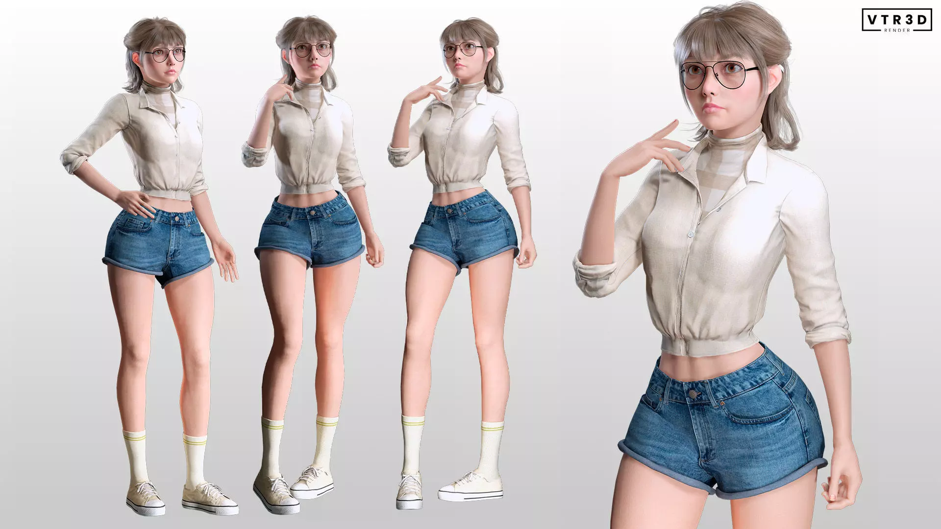 Stylized Female Character Cartoon with Glasses Low-poly 3D model_7