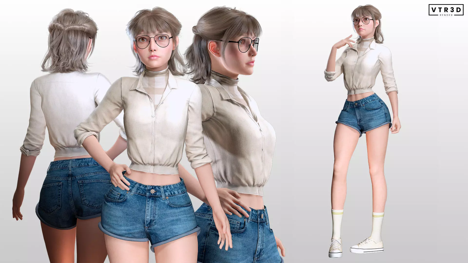 Stylized Female Character Cartoon with Glasses Low-poly 3D model_4