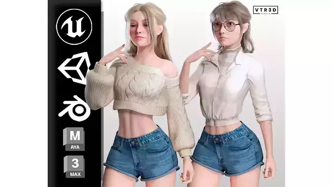 Stylized Cartoon Female Character Pack 3D Model Collection