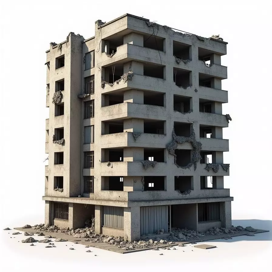 Destroyed Multi Story Apartment 3D Model Urban Ruin Low-poly 3D model_0