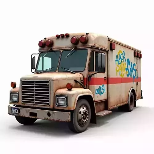 Rusted Abandoned Ambulance Bus 3D Model Post Apocalyptic Vehicle