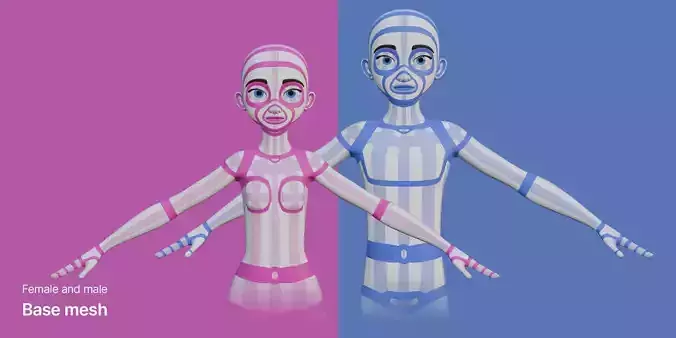 Stylized female and male base mesh Free low-poly 3D model