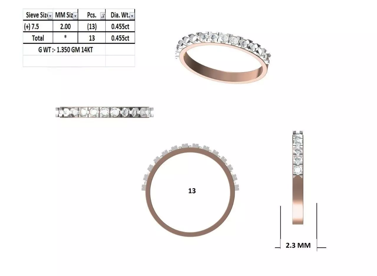 2mm Round Cut Diamond Stacking Wedding Ring ALL SIZES STL Video 3D print model_15