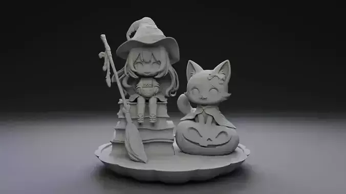 Chibi Halloween Girl with Cat  3D Printable Figure 