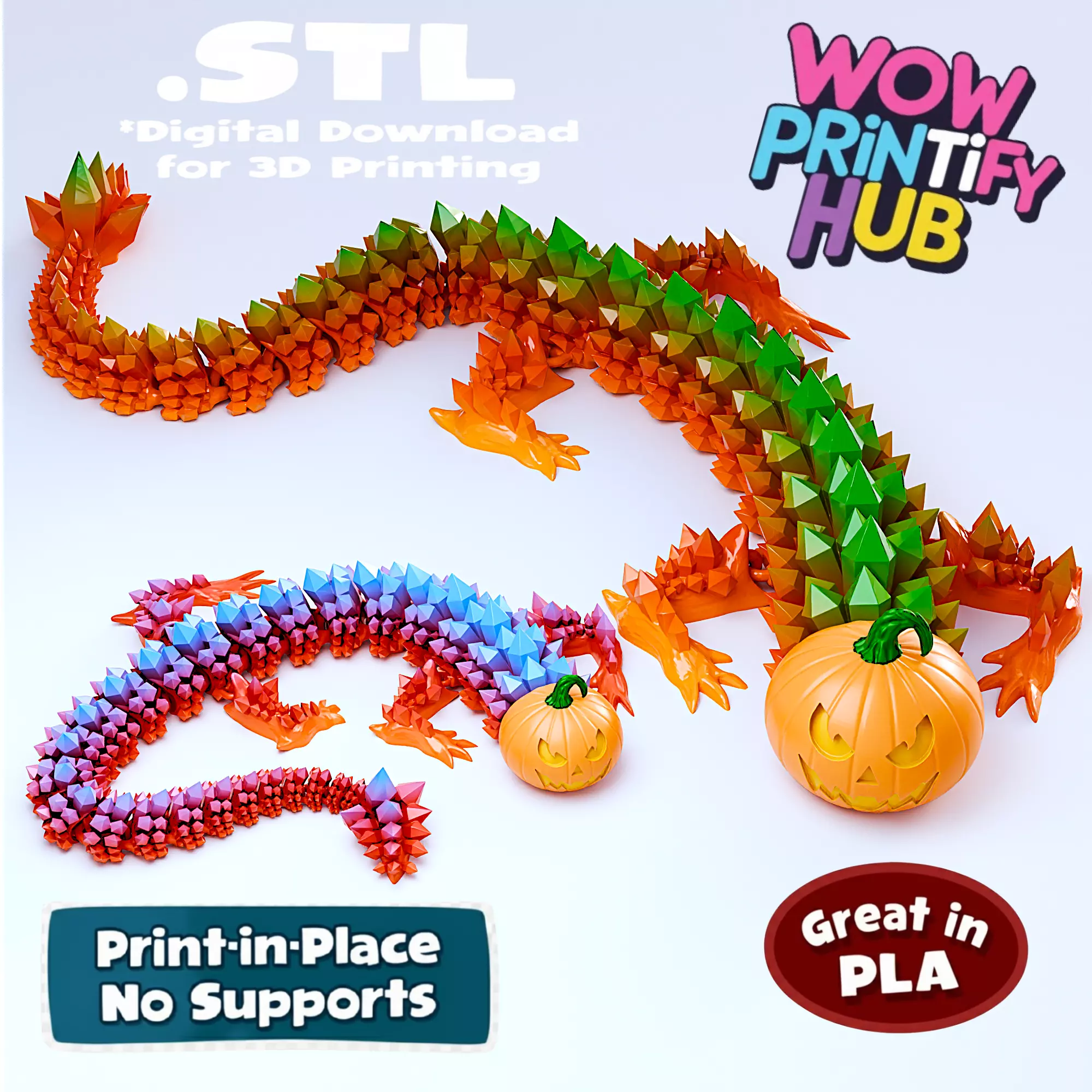 Halloween Pumpkin Flexi Dragon STL Print-in-Place Articulated 3D print model_0
