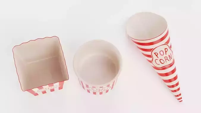 3 Popcorn Cups - Bucket and Cone and Box Set Low-poly 3D model 3