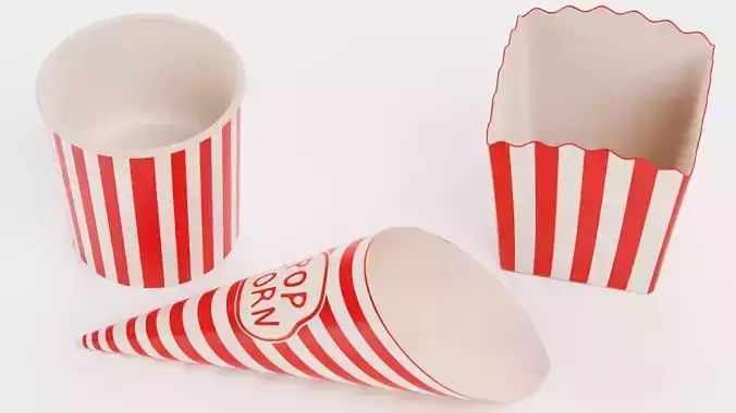 3 Popcorn Cups - Bucket and Cone and Box Set Low-poly 3D model 6