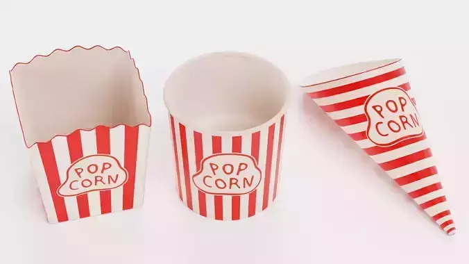 3 Popcorn Cups - Bucket and Cone and Box Set Low-poly 3D model 2
