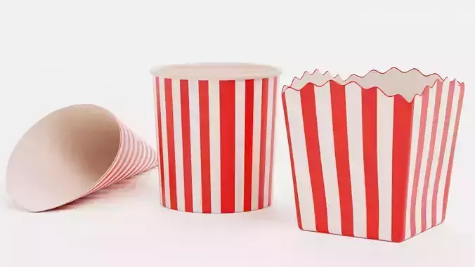 3 Popcorn Cups - Bucket and Cone and Box Set Low-poly 3D model 4