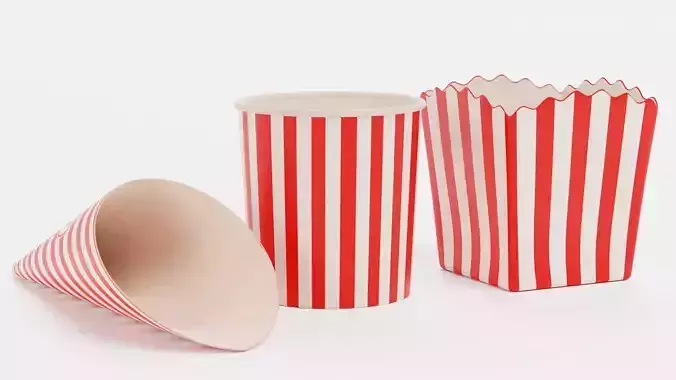 3 Popcorn Cups - Bucket and Cone and Box Set Low-poly 3D model 5