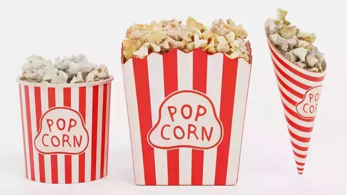3 Popcorn in Cups - Filled Bucket and Cone and Box Set 3D model 2