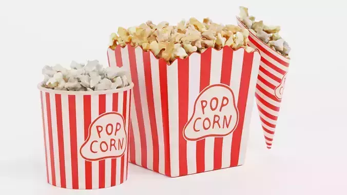 3 Popcorn in Cups - Filled Bucket and Cone and Box Set 3D model