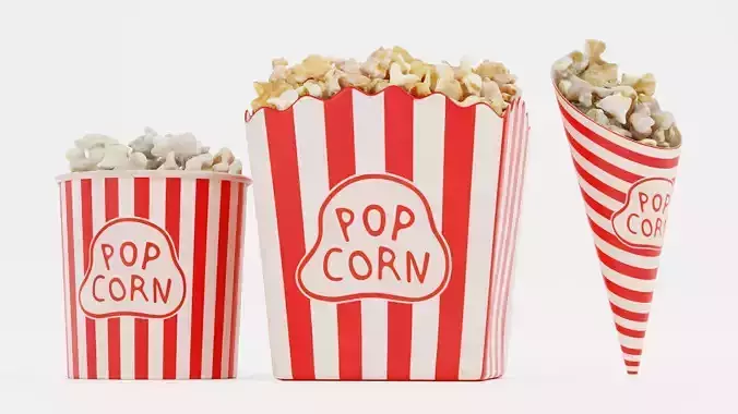 3 Popcorn in Cups - Filled Bucket and Cone and Box Set 3D model 3