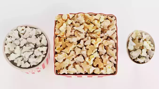 3 Popcorn in Cups - Filled Bucket and Cone and Box Set 3D model 7