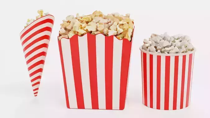 3 Popcorn in Cups - Filled Bucket and Cone and Box Set 3D model 4