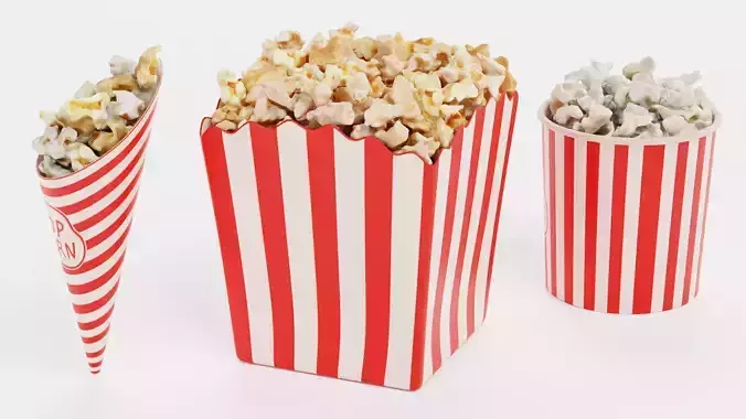3 Popcorn in Cups - Filled Bucket and Cone and Box Set 3D model 5