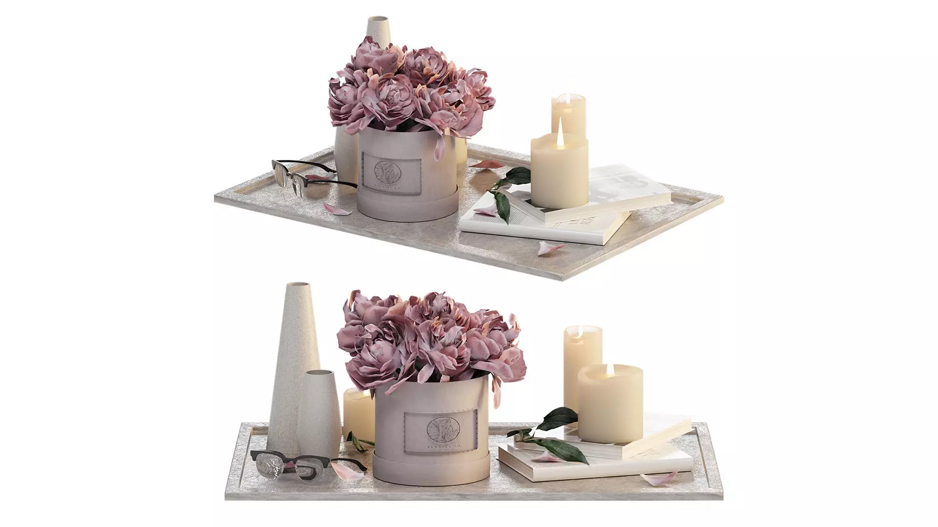 Bouquet of peonies in a hat box 3D model_0