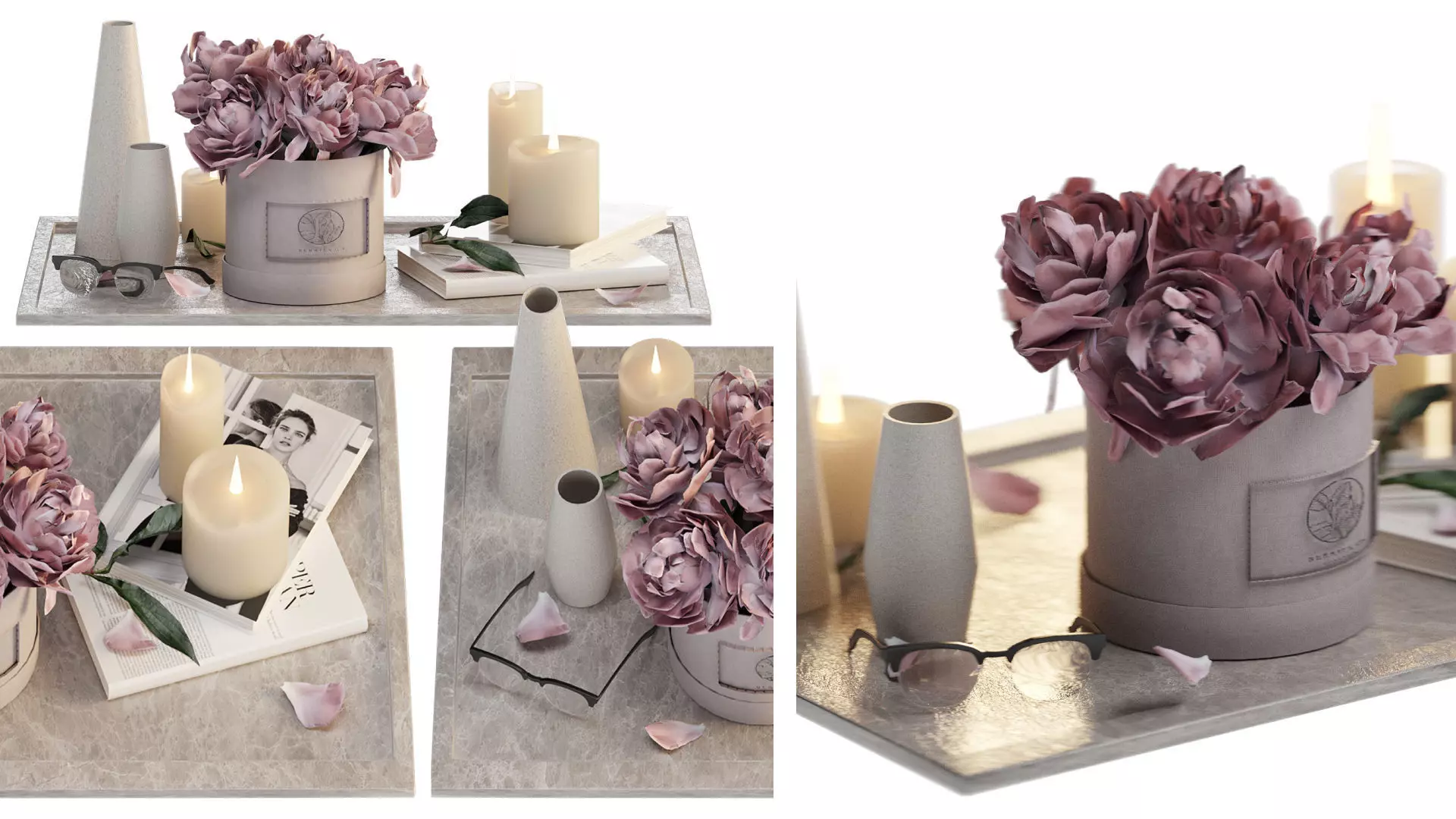 Bouquet of peonies in a hat box 3D model_4