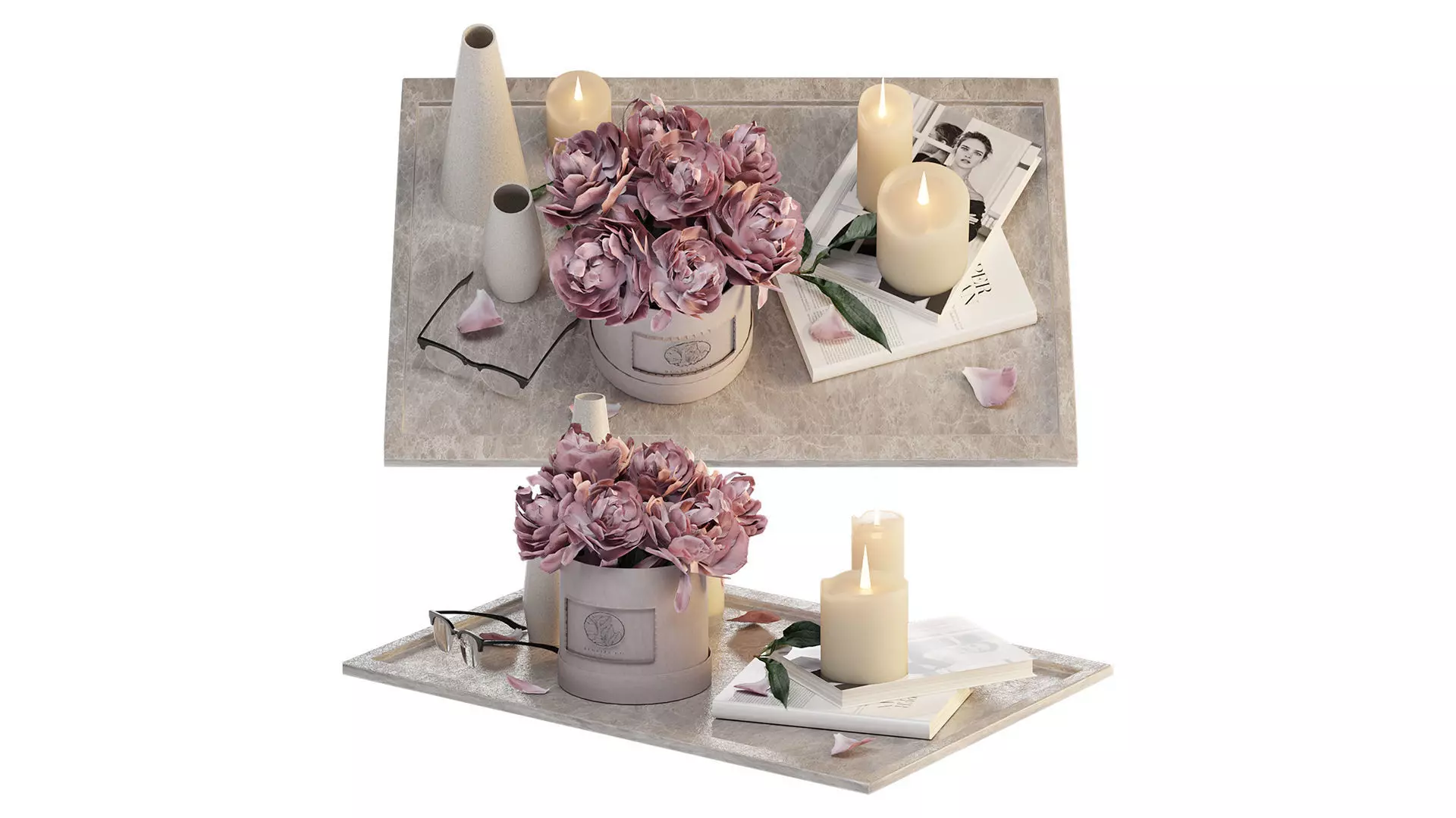 Bouquet of peonies in a hat box 3D model_3