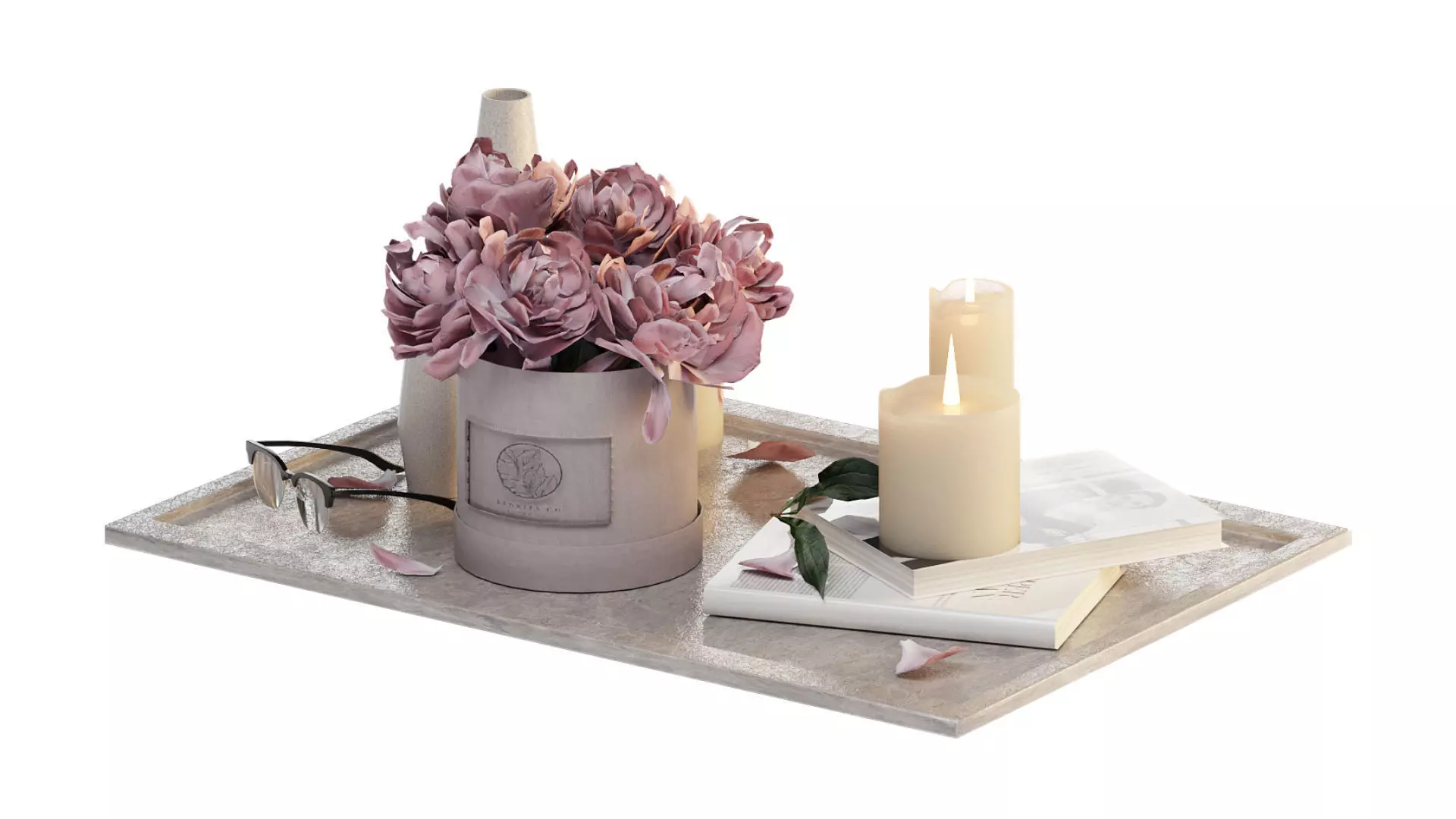 Bouquet of peonies in a hat box 3D model_1