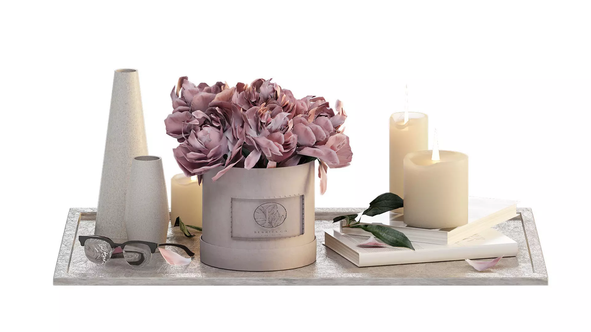 Bouquet of peonies in a hat box 3D model_2