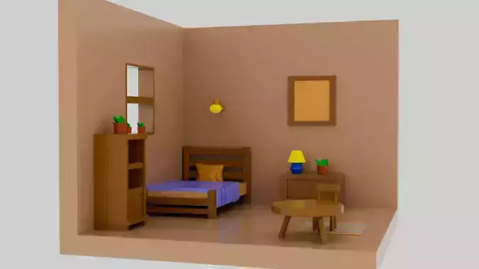 Low Poly Isometric Room  Stylized Bedroom Scene 3D Model