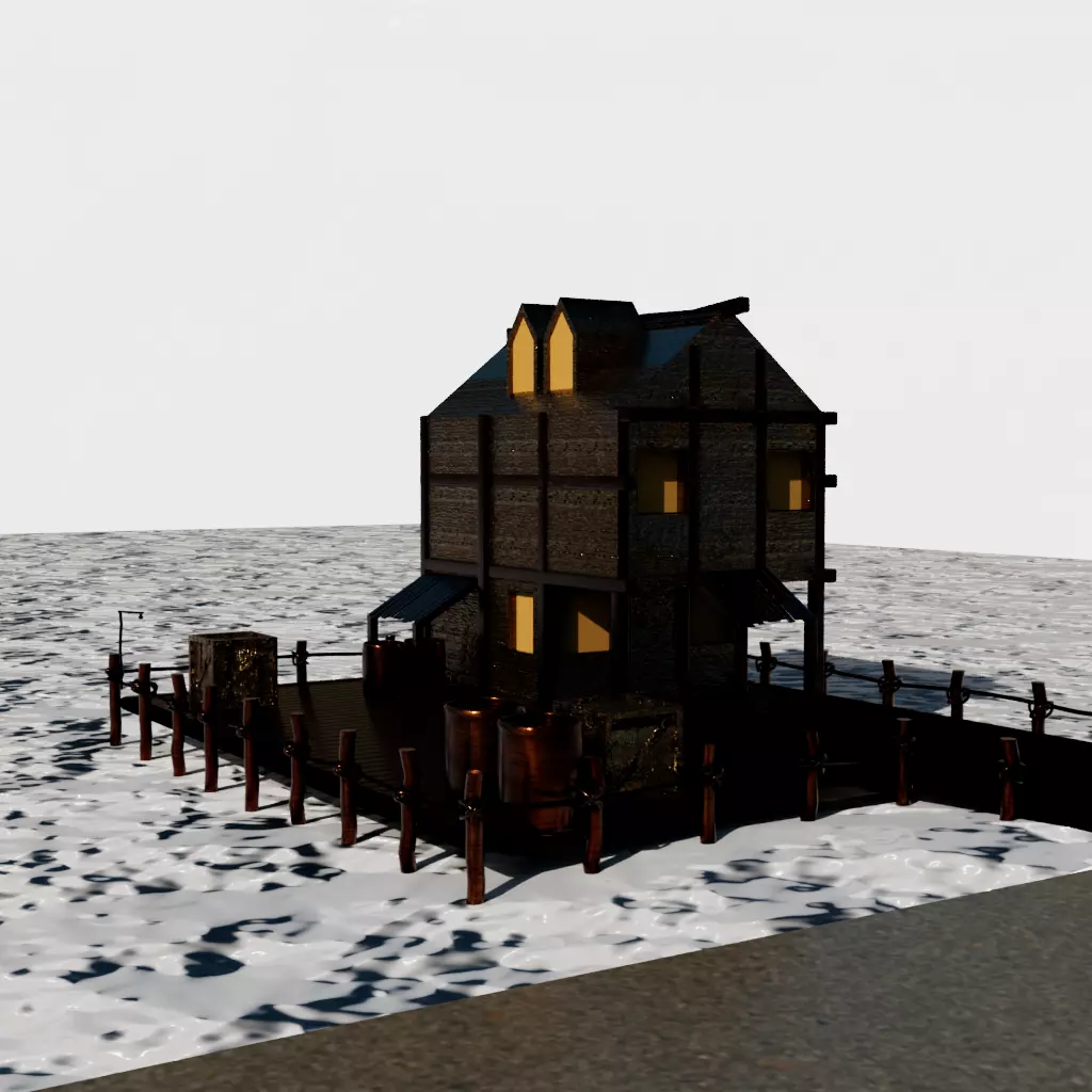 Low Poly Seaside Fishing House 3D Model Stylized Dock Cabin 3D model_0
