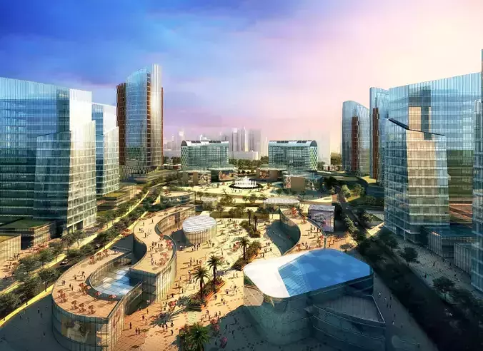 Futuristic Mixed-Use Cityscape with Skyscrapers