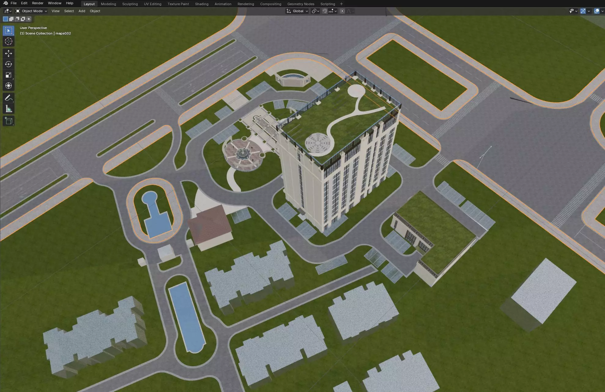 Modern Office Tower with Podium and Fountain Plaza 3D model_7