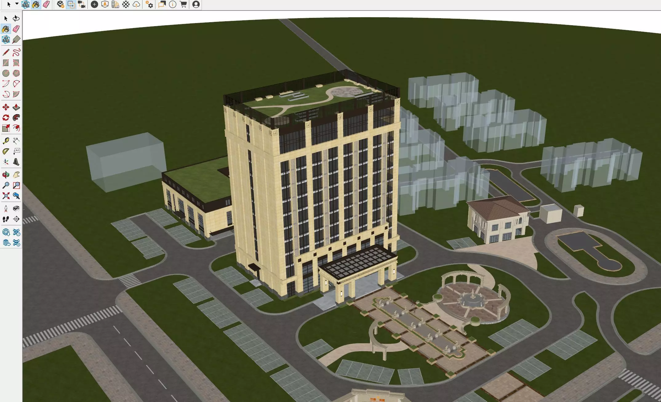 Modern Office Tower with Podium and Fountain Plaza 3D model_9