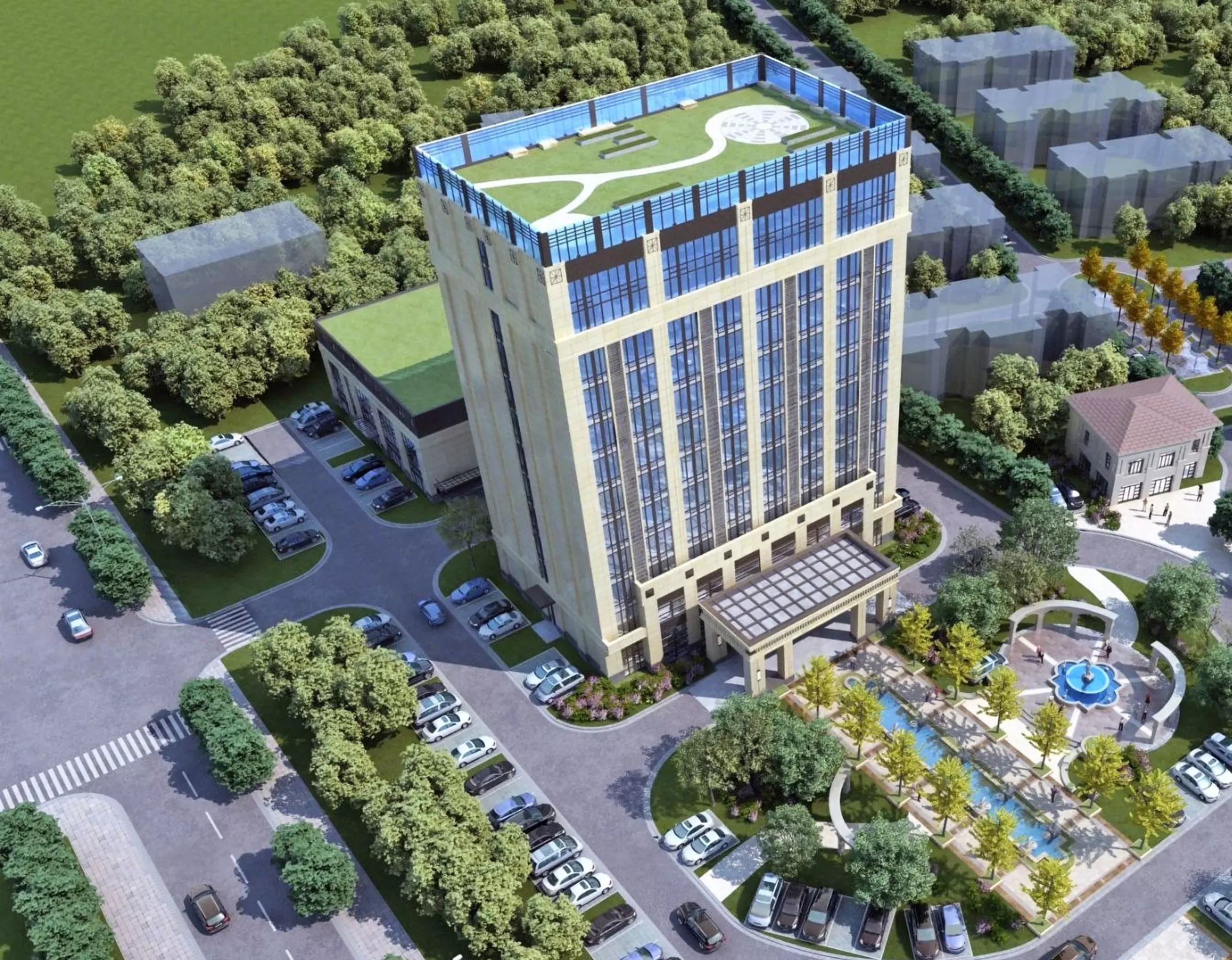 Modern Office Tower with Podium and Fountain Plaza 3D model_1