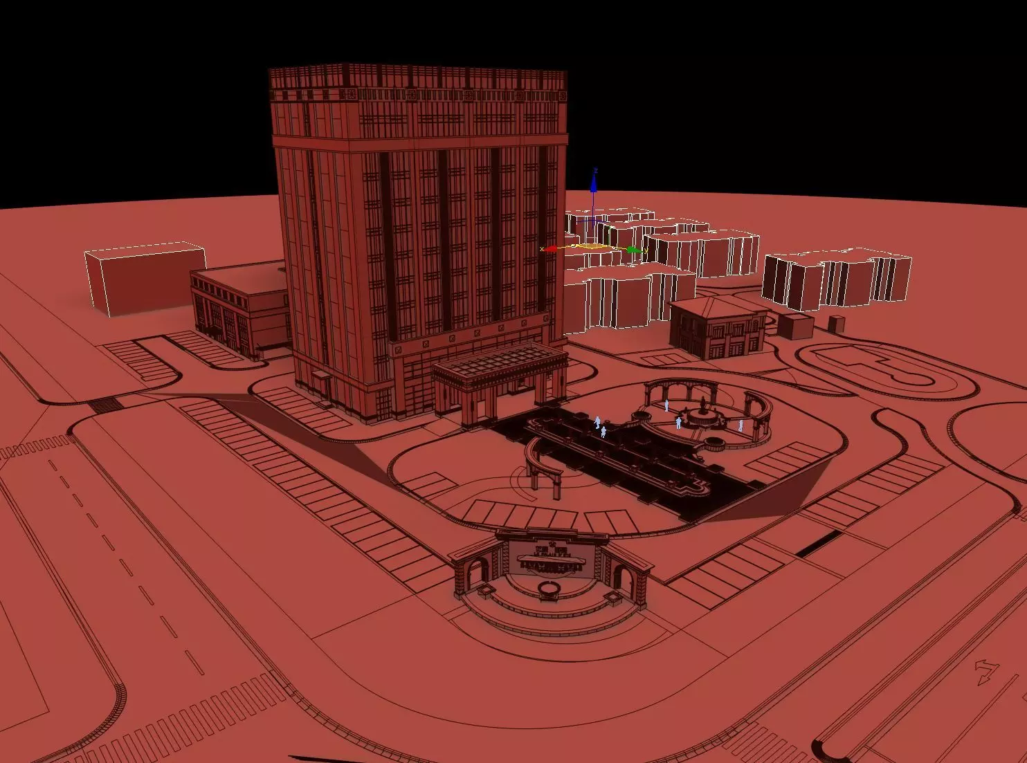 Modern Office Tower with Podium and Fountain Plaza 3D model_11