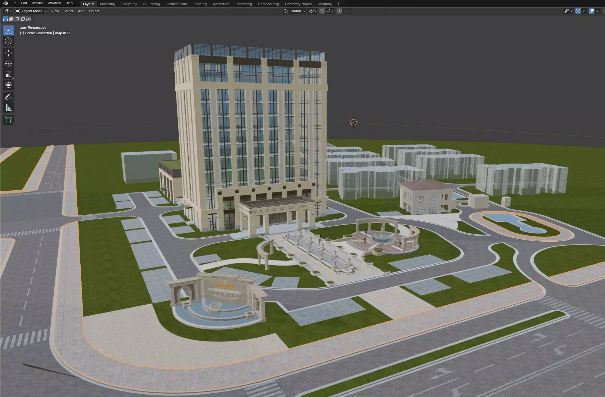 Modern Office Tower with Podium and Fountain Plaza 3D model_5
