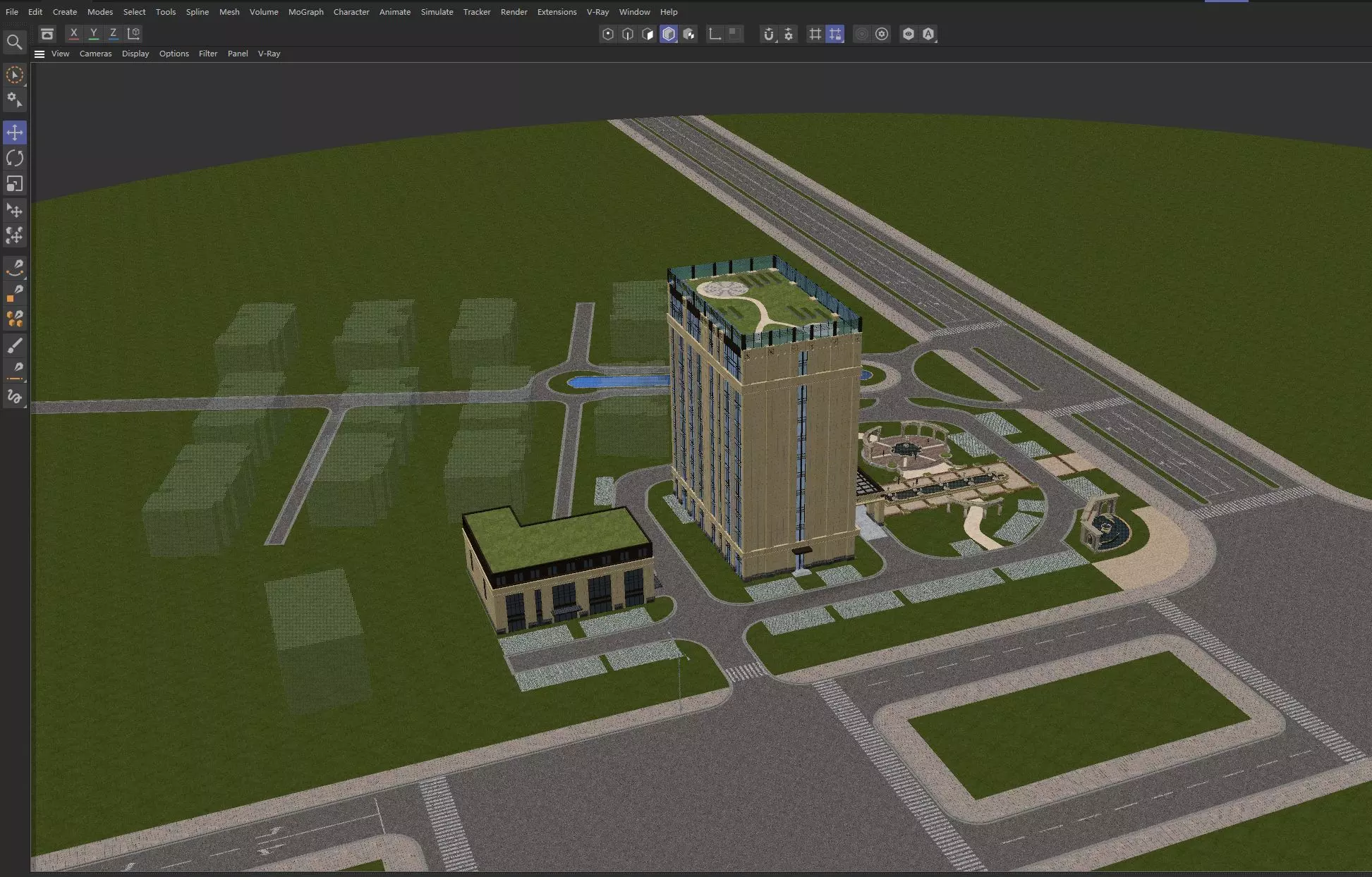 Modern Office Tower with Podium and Fountain Plaza 3D model_14