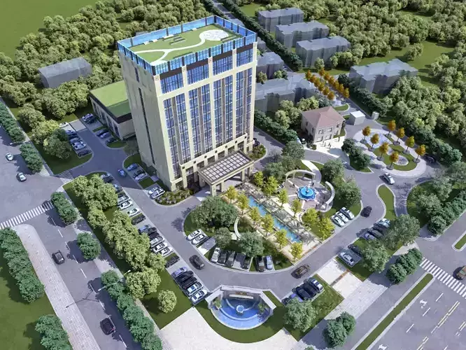 Modern Office Tower with Podium and Fountain Plaza