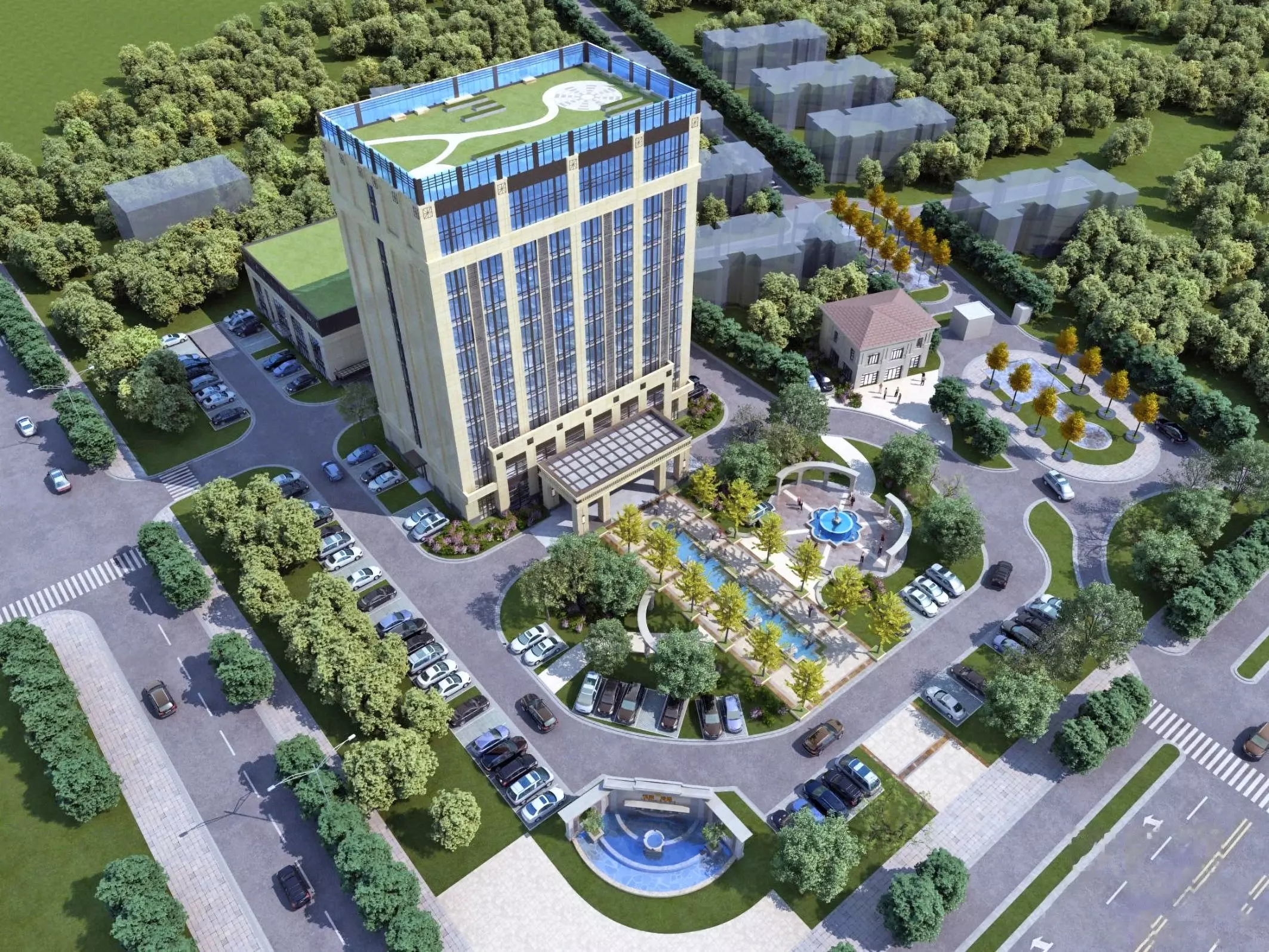 Modern Office Tower with Podium and Fountain Plaza 3D model_0