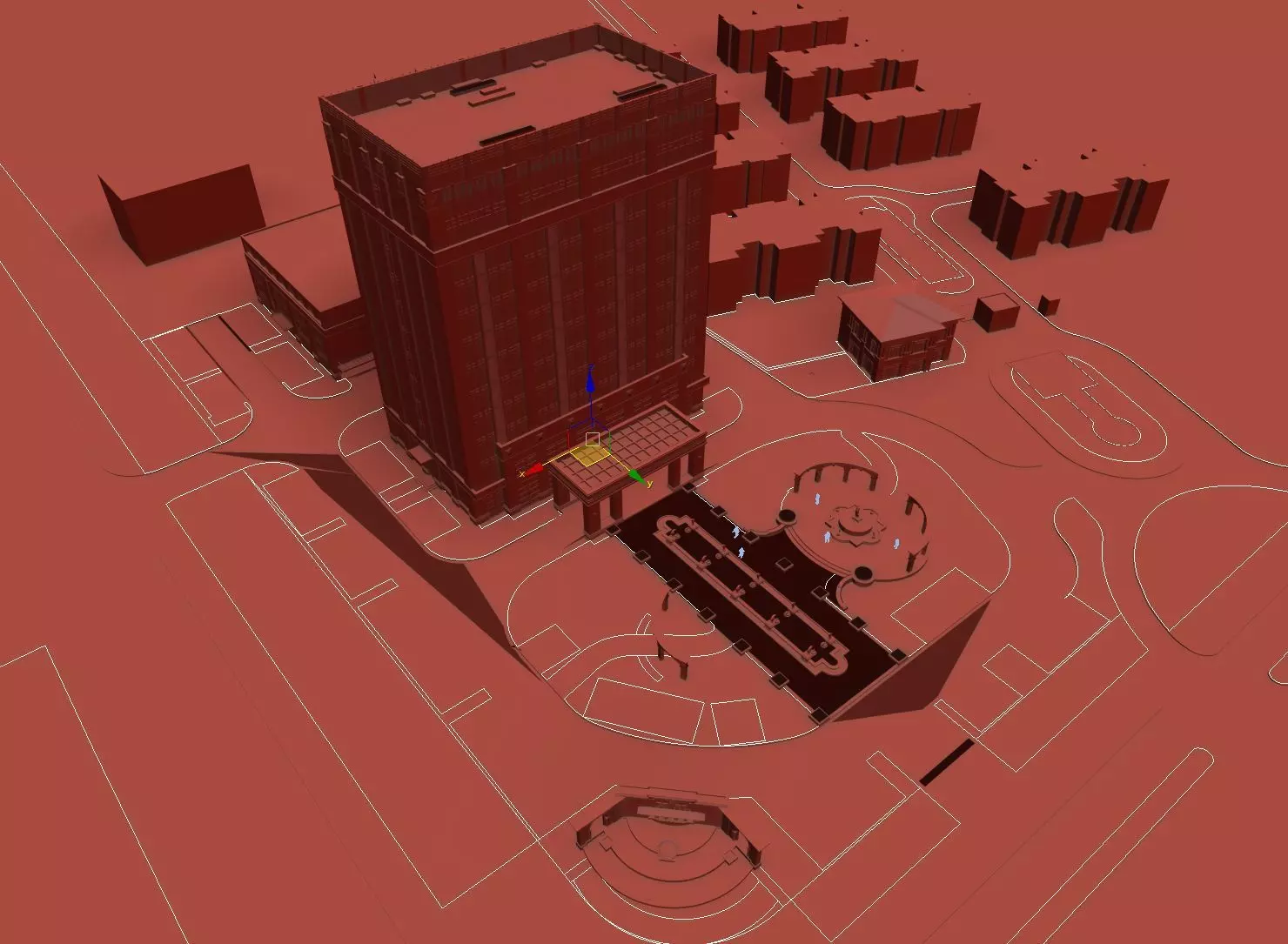 Modern Office Tower with Podium and Fountain Plaza 3D model_10