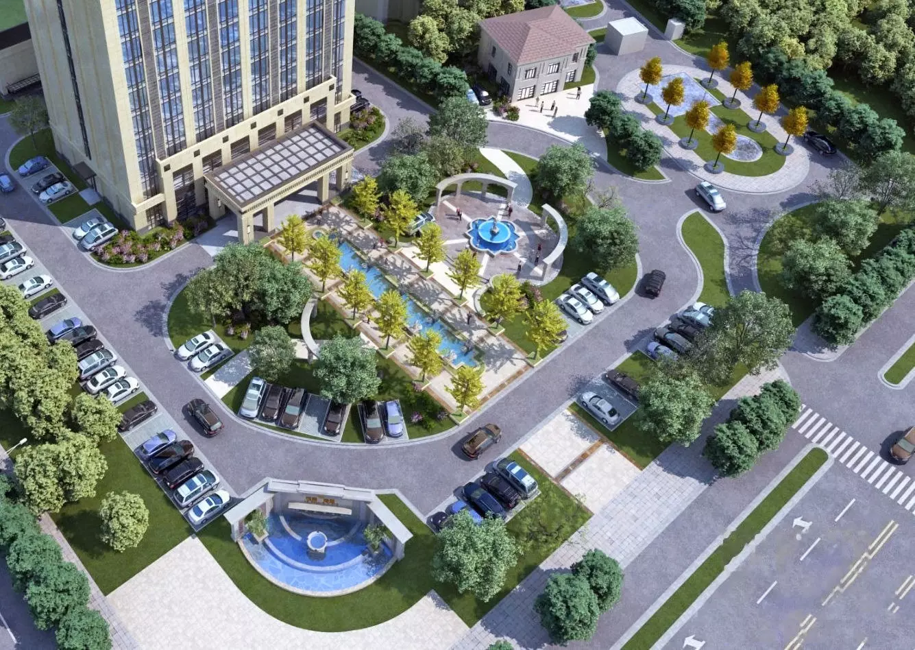 Modern Office Tower with Podium and Fountain Plaza 3D model_4