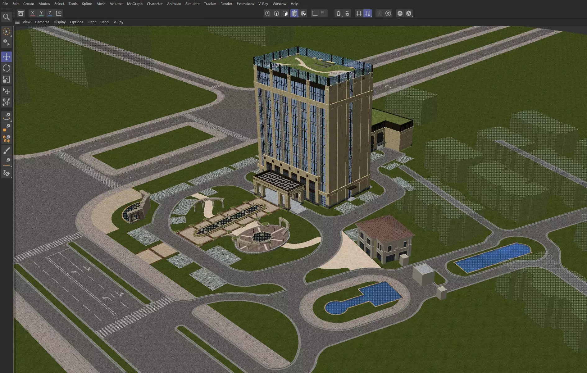 Modern Office Tower with Podium and Fountain Plaza 3D model_13