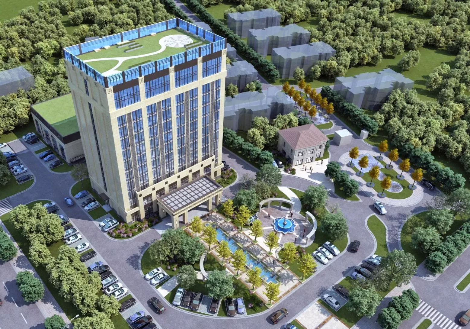 Modern Office Tower with Podium and Fountain Plaza 3D model_2