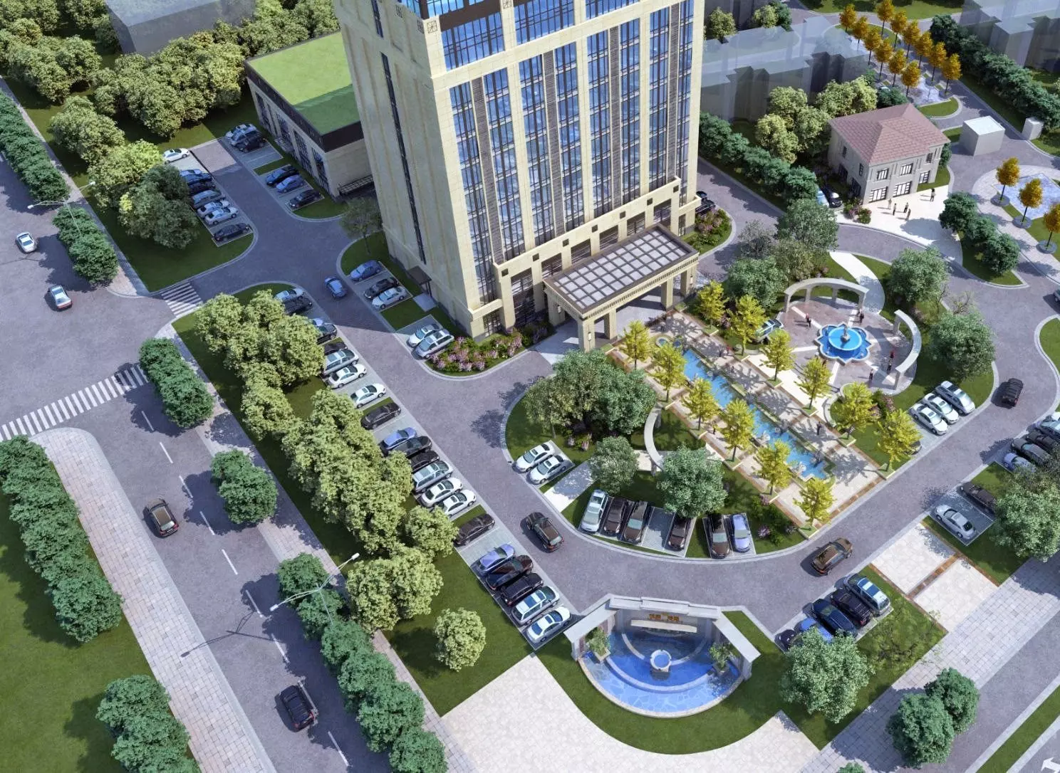 Modern Office Tower with Podium and Fountain Plaza 3D model_3