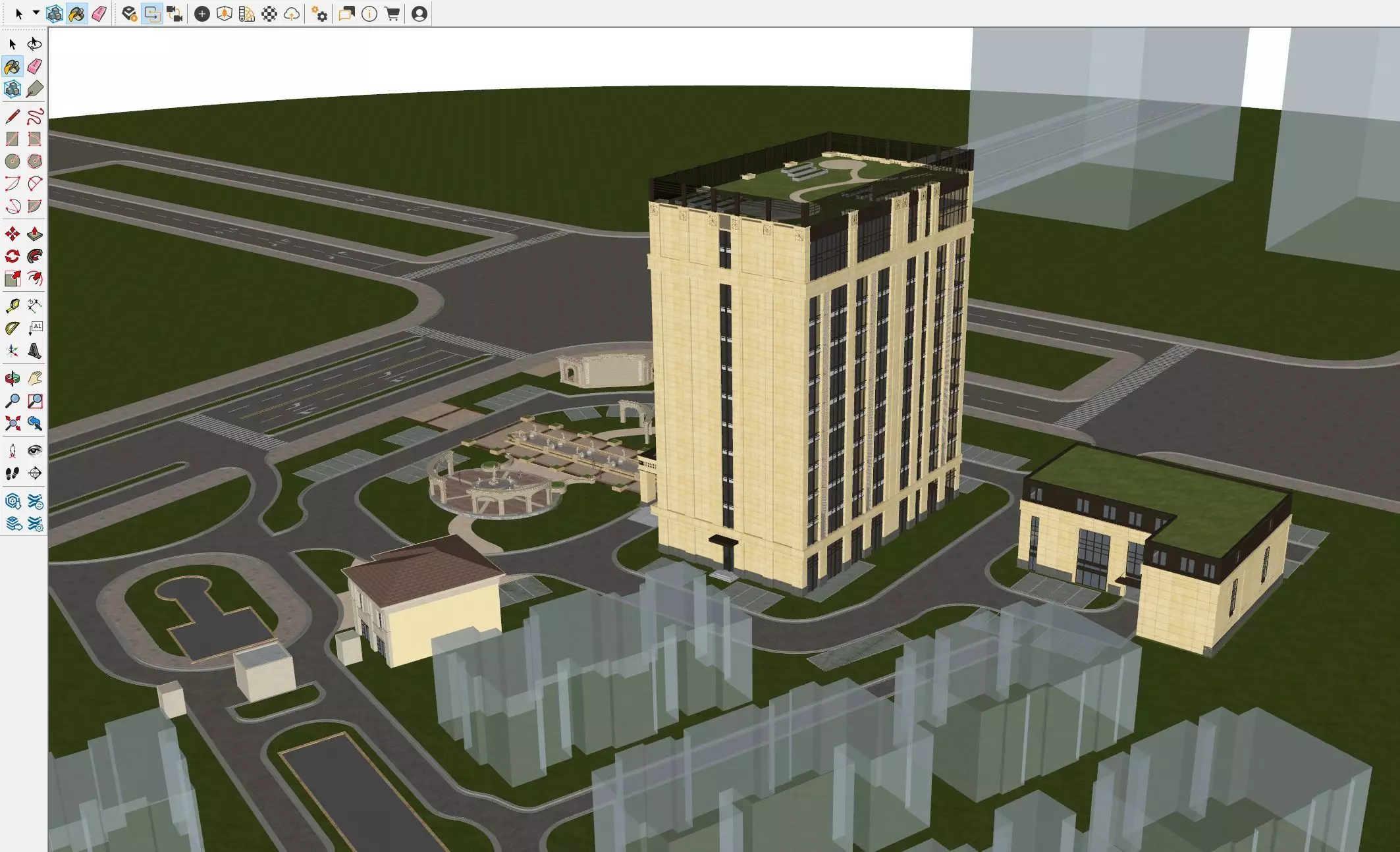 Modern Office Tower with Podium and Fountain Plaza 3D model_8
