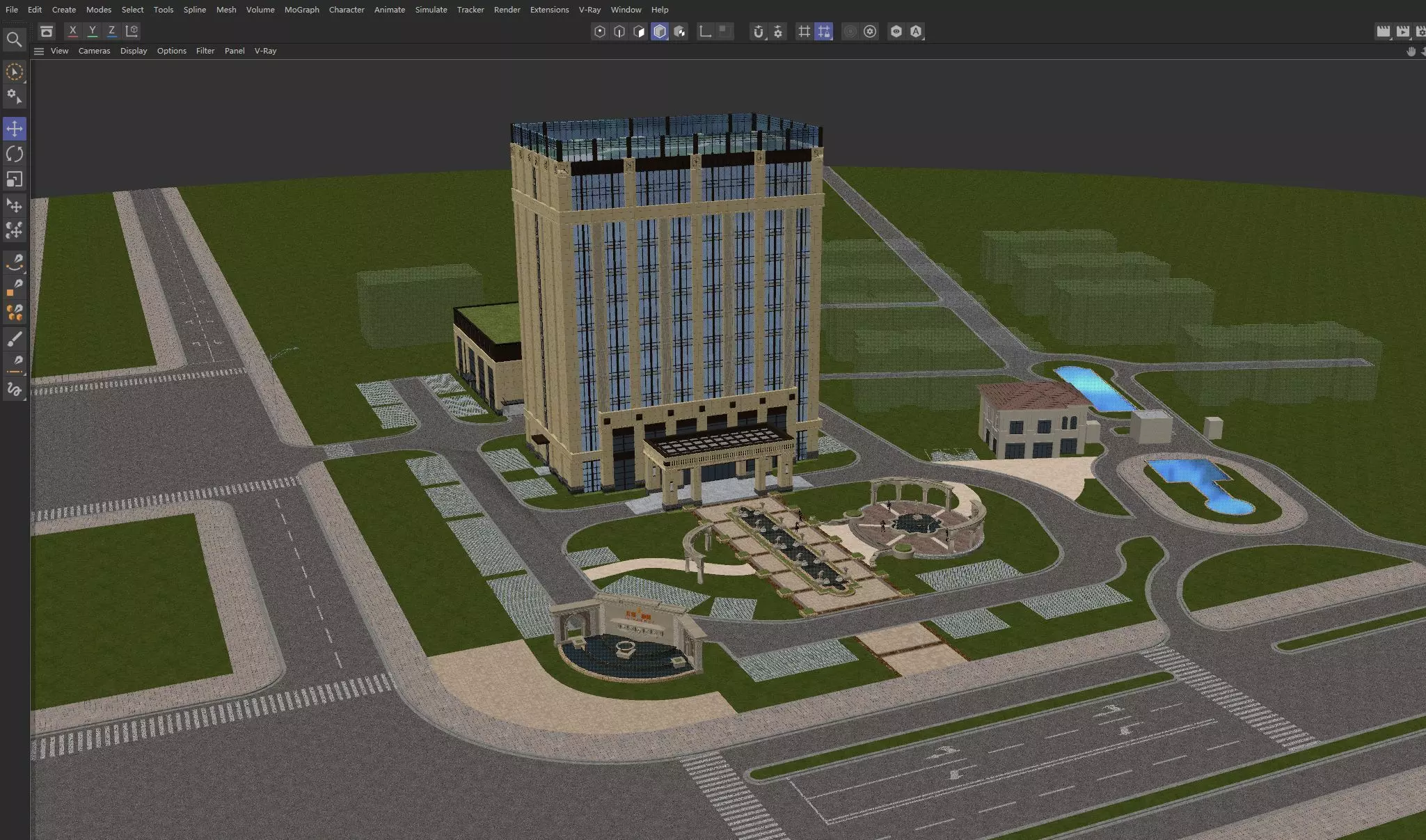 Modern Office Tower with Podium and Fountain Plaza 3D model_15