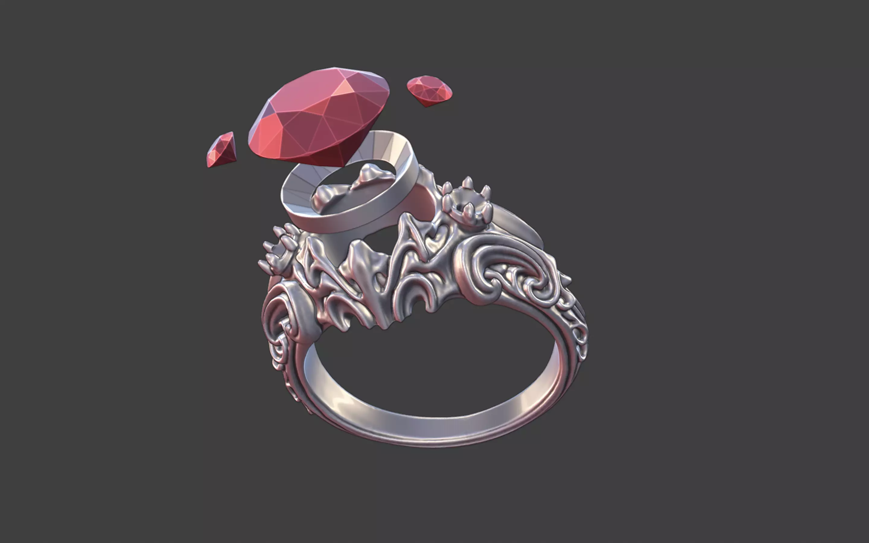 goth ornamental round gemstone ring silver engraved scrollwork 3D print model_15