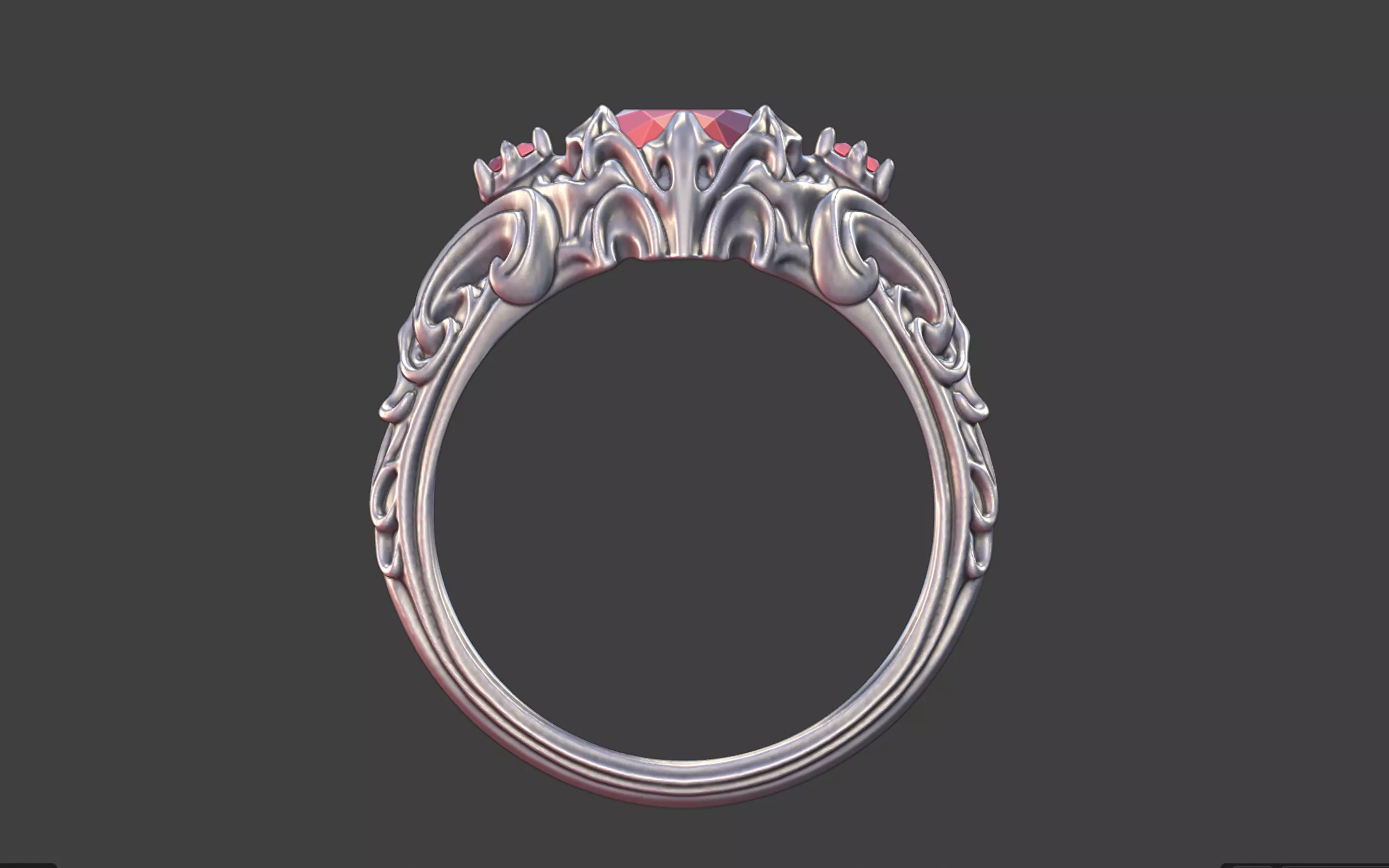 goth ornamental round gemstone ring silver engraved scrollwork 3D print model_1