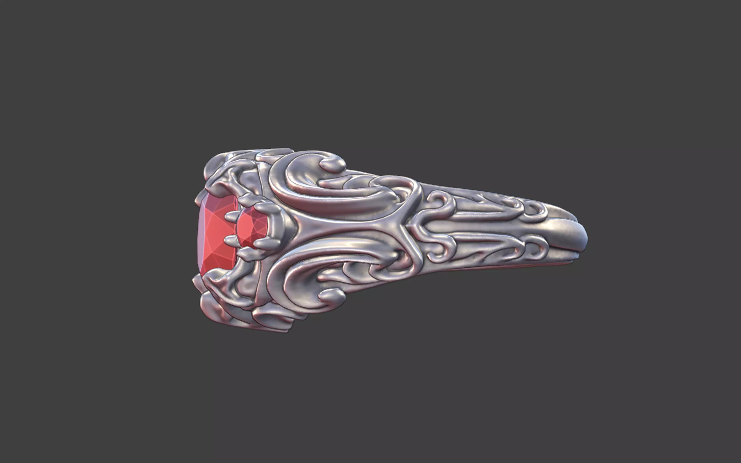 goth ornamental round gemstone ring silver engraved scrollwork 3D print model_5